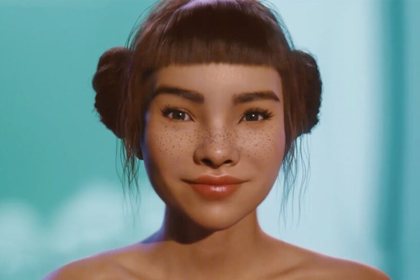 Virtual influencer Lil Miquela posing for a YouTube thumbnail of her first video